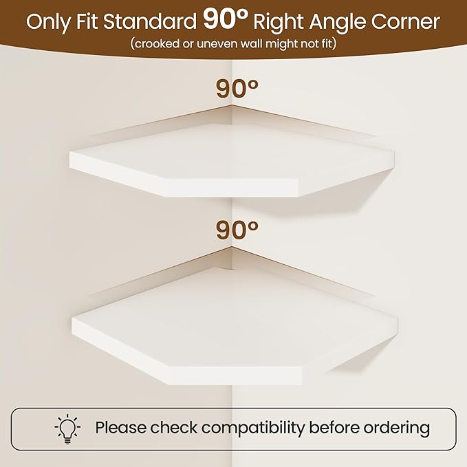 Fun Memories Corner Shelf Wall Mount Set of 2 - Solid Oak Wood Floating Corner Shelf with Cable Hole, 10in Rustic Design for Bedroom, Living Room, Kitchen (White)