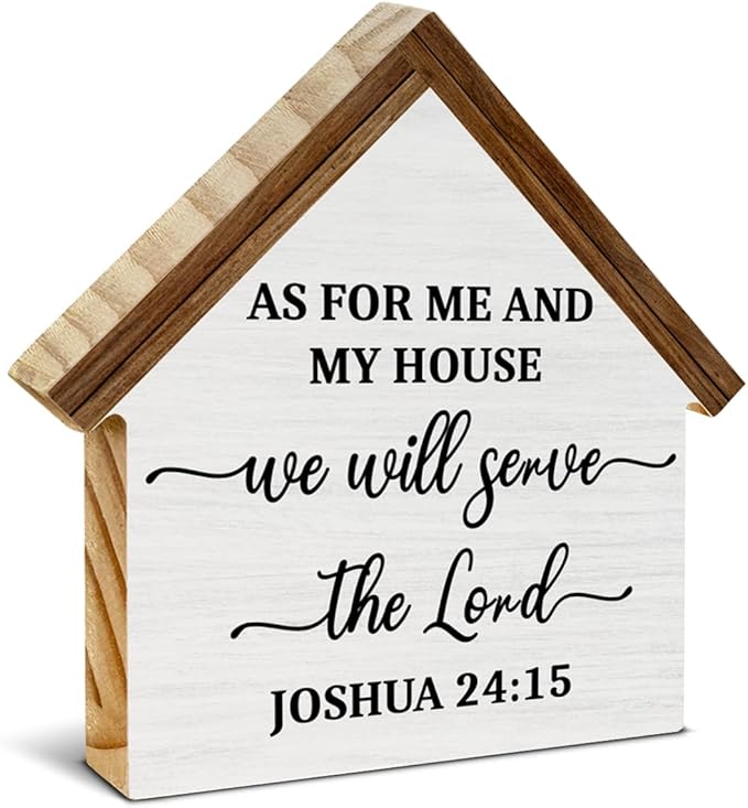 Bible Verse Decor, As for Me and My House We Will Serve The Lord House Shaped Wood Block Sign, Christian Home Room Decor for Desk Table Shelf