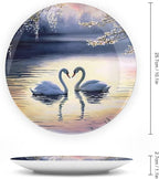Decorative Plates, Sunset Couple Swans Lake with Tree Painting Ceramic Dinner Plate Home Wobble-Plate with Display Stand, Wall Hanging Decor for Living Dining Room Kitchen Household 10 Inch
