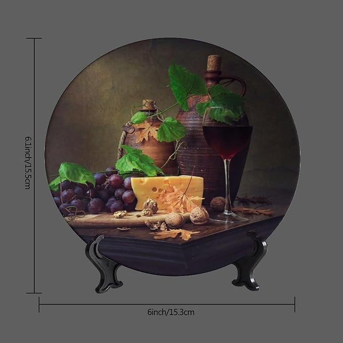 WineDecorative Plate Stand, 6 Inch, Cheese And Walnut Wine Round Display Plate, Handmade Ceramic Ornament, for Kitchen Living Room Office Countertop Decor