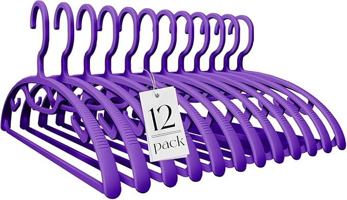 HOUSE DAY Plastic Clothes Hangers 12 Pack, Sweater Hangers No Shoulder Bump, Thick Heavy Duty Coat Hanger for Closet, Purple Wide Hanger with Non-Slip Hook for Sweaters, Suits, Dresses, Jackets, Pants