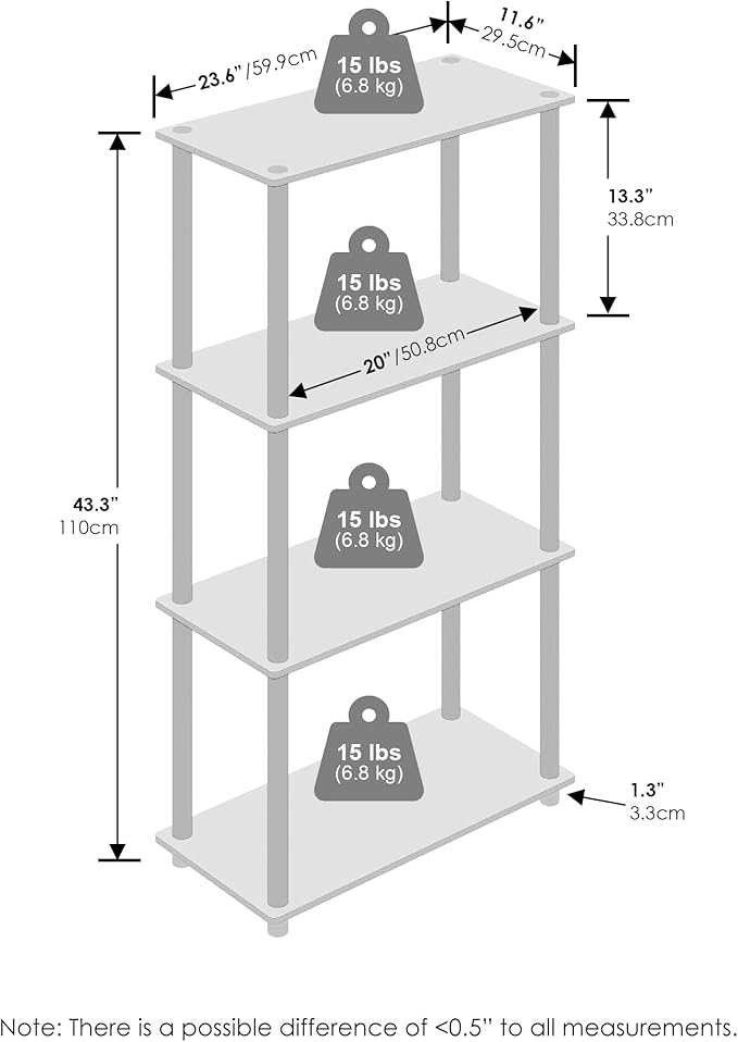 Furinno Turn-N-Tube Book Shelf, 4-Tier Bookshelf, Bookcase with Multipurpose Compact Display Rack, 11.6 x 23.6 x 43.2, for Living Room, Bedroom, Home Office, Beech/White