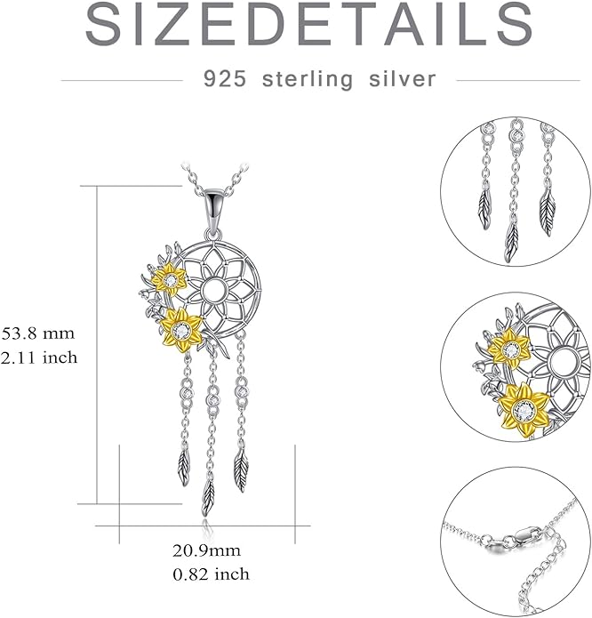 Dream Catcher Pendant Necklace 925 Sterling Silver Synthetic Moonstone Crystal Sunflower Rose Flower Evil Eye Dreamcatcher Cremation Jewelry Gifts for Women Wife Mom