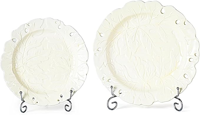 KAMMAK Ceramic Decorative Plate Set of 2, Porcelain Plates for Kitchen Dining Room Wine Cabinet Home Decor, Vintage Collector Plates with 2 Display Stand, Cream-White Leaves (8-inch + 10-inch)