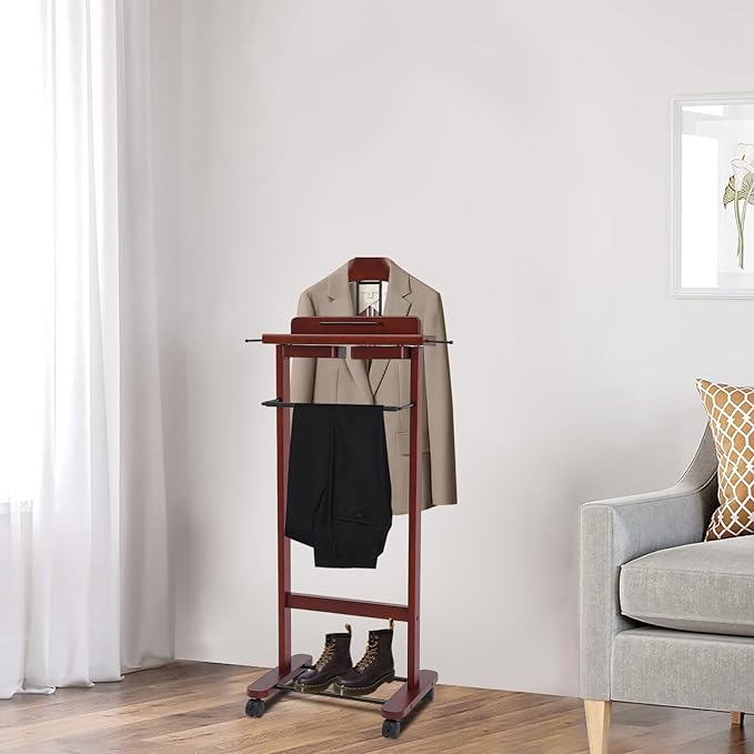 Suit Valet Stand for Men, Wood Suit Rack, Mens Valet Stand, Clothes Stand with Universal Wheels, Freestanding Clothing Stand for Home, Office, Hotel, Upscale Clubs