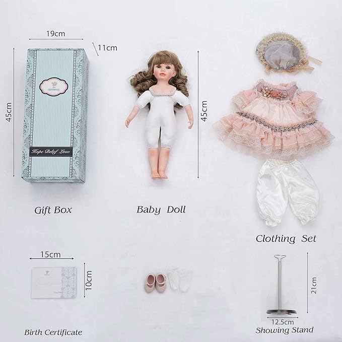 18 Inch Kawaii Porcelain ＆ Fabric Doll Cute European Retro Handmade Ceramic Doll with Showing Stand for Room Decor, Birthday Gifts, Collectible ，Name Olivier (Pink)