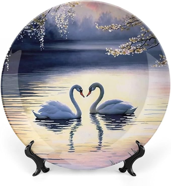Decorative Plates, Sunset Couple Swans Lake with Tree Painting Ceramic Dinner Plate Home Wobble-Plate with Display Stand, Wall Hanging Decor for Living Dining Room Kitchen Household 10 Inch