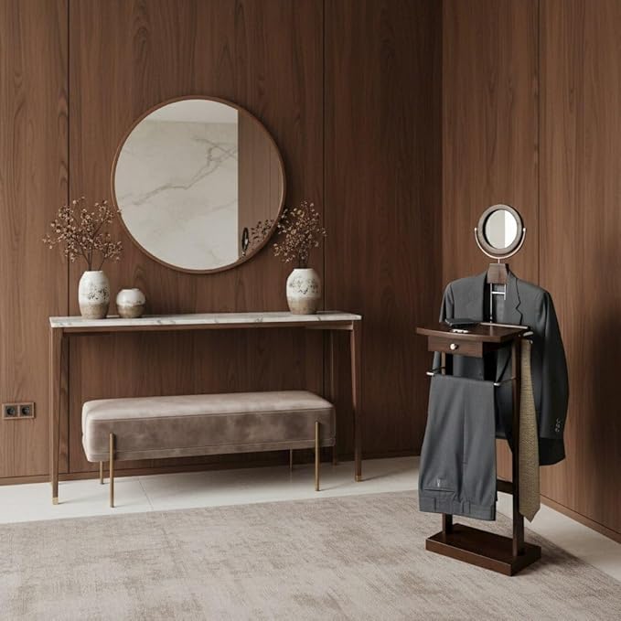 Solid Wood Clothes Valet Stand in Dark Espresso with Round Mirror, Drawer, Tray, Pants and Tie Hangers, and Shoe Base, Elegant Clothing Valet for Bedroom