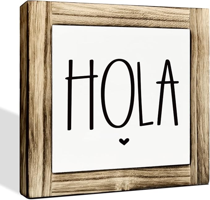 Hola Wooden Box Signs, Spanish Hello Signs for Front Door Decor, Farmhouse Desk Sign Decor, Home Office Decors, Tabletop Decors for Cafe Shop Classroom, Housewarming Decoration, 5.9×5.9 inches