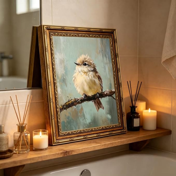 Large Gold Framed Bird Canvas Wall Art Vintage Bird Beige Sparrow painting Decor Pictures Sparrow on Branch Bedroom Living Posters Prints for Corridor Classroom Bedroom Kitchen Room Decoration