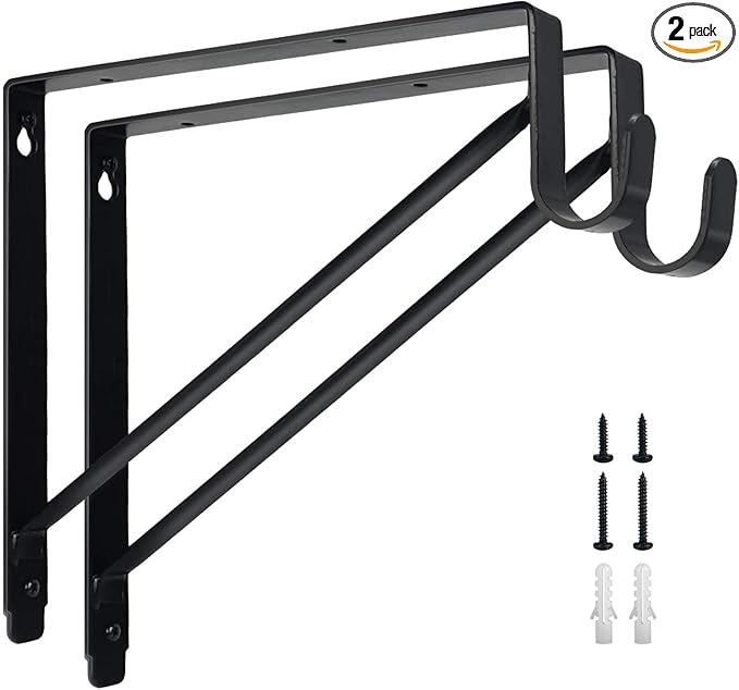 Kunzye 2 Pack Heavy Duty Closet Shelf & Rod Brackets, Black Steel, Wall Mount, Clothes Hanger Pole Support, Closet Shelves Bracket with Rod Shelving Support