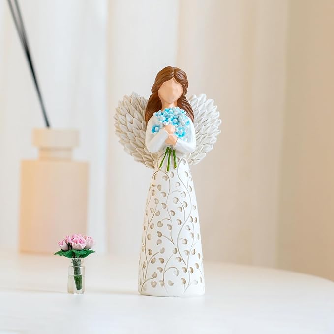 Decorative Angel Figurine with Forget-Me-Not Bouquet, White Dress with Leaf Pattern, Tree of Life Design - Collectible Sculpture for Mom Gifts, Forget Me Not Gifts for Women(Blue Flower)