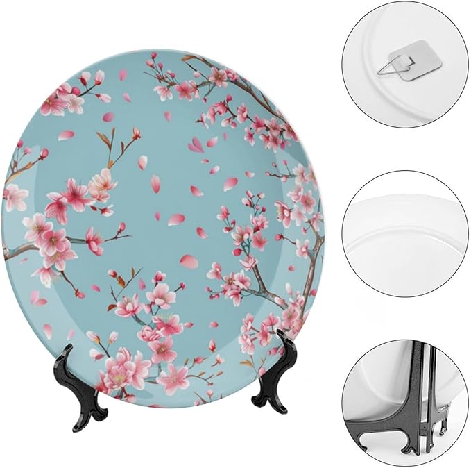 Japanese Spring Theme Decorative Ceramic Plate Round Porcelain Plate,Sakura Tree Branches Pattern,for Decorative Ornaments Giving Plates, 1 Plate with 1 Display Stand,Blue Pink,7 inch
