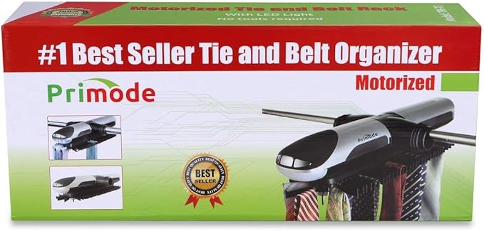 Primode Motorized Tie Rack Closet Organizer with LED Lights Includes J Hooks for Wired Shelving Stores Up to 72 Ties & 8 Belts Operates with Batteries