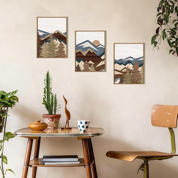 BINCUE Framed Mountain Wall Art Boho Landscape Wall Decor Mountain Artwork Boho Mountains Wall Pictures Landscape Paintings Rustic Farmhouse Decor for Office Living Room Bedroom Office 12" Lx16 W Set of 3