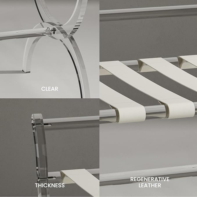 Byingo Acrylic Luggage Rack with High Back Support Bar, Foldable Suitcase Stand with Leather Straps for Guest Room, Bedroom, Hotel, Holds Up to 50-100 lb, Modern, Portable, Easy to Use, Heavy-Duty