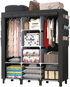 Portable Wardrobe with 10 Storage Racks and 2 Hanging Poles 6 Side Pockets Fleece Cover, Size 130 x 45 x 172 cm, Bedroom Closet Organizer Black
