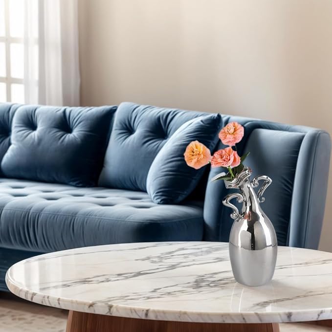 Unique Vases for Flowers，7 Inch Silver Small Diameter Vase, A Novel Decoration for The Dining Table, Living Room, Bookshelf and Office, A for Flower Lovers