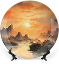 Decorative Plates for Wall Hanging, Ancient Chinese Mountain & Pavilion Landscape Ink Painting Ceramic Plate with Display Stand, Home Decor for Kitchen Cabinets, Farmhouse Round Tray 6 Inch