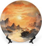 Decorative Plates, Ancient Chinese Mountain & Pavilion Landscape Ink Painting Display Plate for Home Office Kitchen Table Decor Porcelain Plates 7 Inch, Birthday Gifts