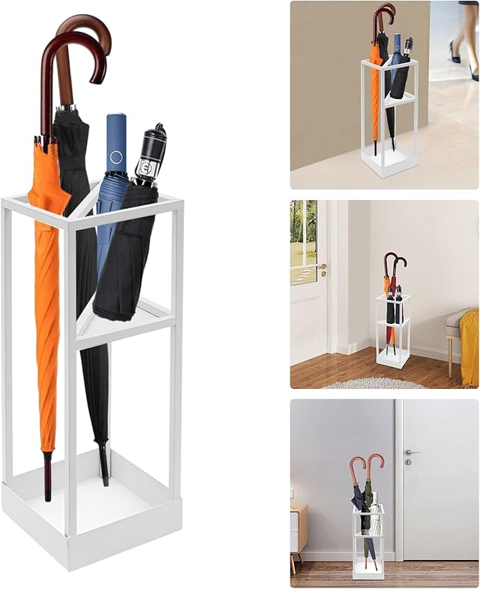 Umbrella Rack for Entryway, Modern Metal 20.87in Tall Freestanding Umbrella Holder with Built-in Shelf, Compact Storage for Long&Short Stick Rain Umbrellas and Walking Canes (White)
