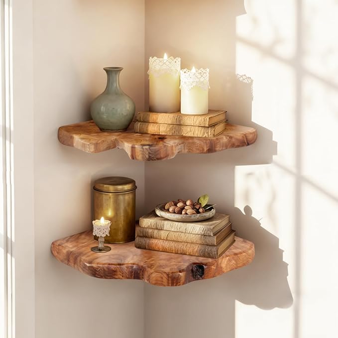 WELLAND Floating Corner Shelf Set of 2 Wall Mounted, 10.86 x 11.5 Inches for Living Room, Bedroom Bathroom, Rustic Space-Saving Corner Storage Shelf for Home Decor and Organization