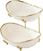 jessie 2 Tier Ceramic Fruit Bowl for Kitchen Counter with Metal Rack, Fruit Basket with Stand, Porcelain Bowls for Vegetable Bread Candy Snack Nuts Dessert Cake Tray (Gold 2 layer)