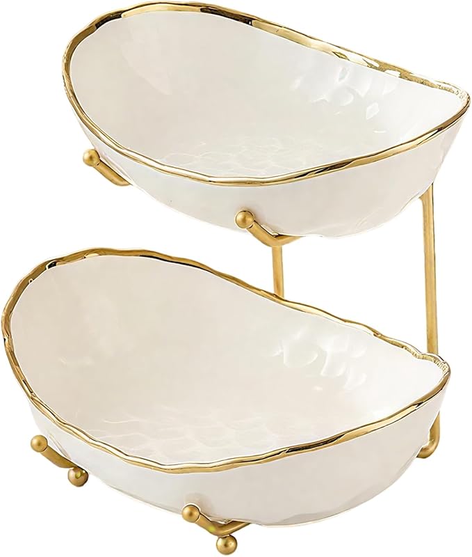 jessie 2 Tier Ceramic Fruit Bowl for Kitchen Counter with Metal Rack, Fruit Basket with Stand, Porcelain Bowls for Vegetable Bread Candy Snack Nuts Dessert Cake Tray (Gold 2 layer)