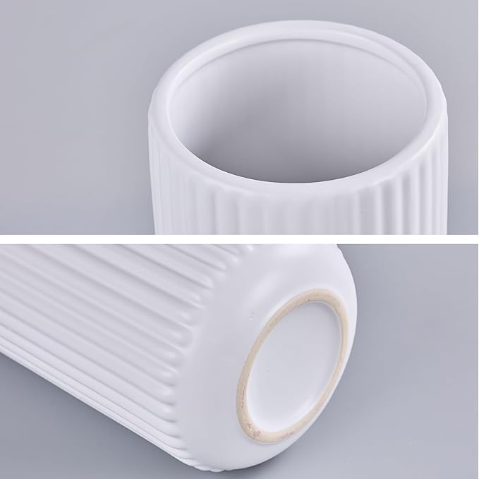 White Ceramic Flower Vase for Pampas Grass, 6 inch Small Decorative Centerpiece Ribbed Vase for Dining Table, Office Desktop, Shelf Bookshelf, Mantel, Bathroom, Countertop, Farmhouse, Gift