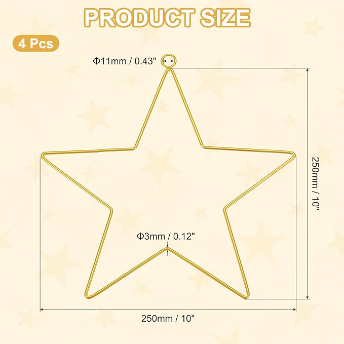 MECCANIXITY 4 Pcs Star Dream Catcher Rings, 10" Dream Catcher Metal Hoops Macrame Wreath Rings Pentagram Floral Hoops for DIY Craft Making Home Wedding Wall Hanging Decoration, Gold