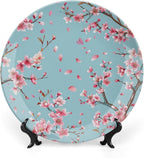 Japanese Spring Theme Decorative Ceramic Plate Round Porcelain Plate,Sakura Tree Branches Pattern,for Decorative Ornaments Giving Plates, 1 Plate with 1 Display Stand,Blue Pink,7 inch
