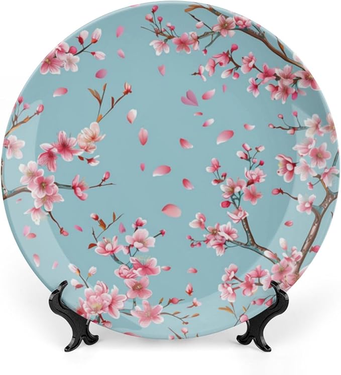 Japanese Spring Theme Decorative Ceramic Plate Round Porcelain Plate,Sakura Tree Branches Pattern,for Decorative Ornaments Giving Plates, 1 Plate with 1 Display Stand,Blue Pink,8 inch
