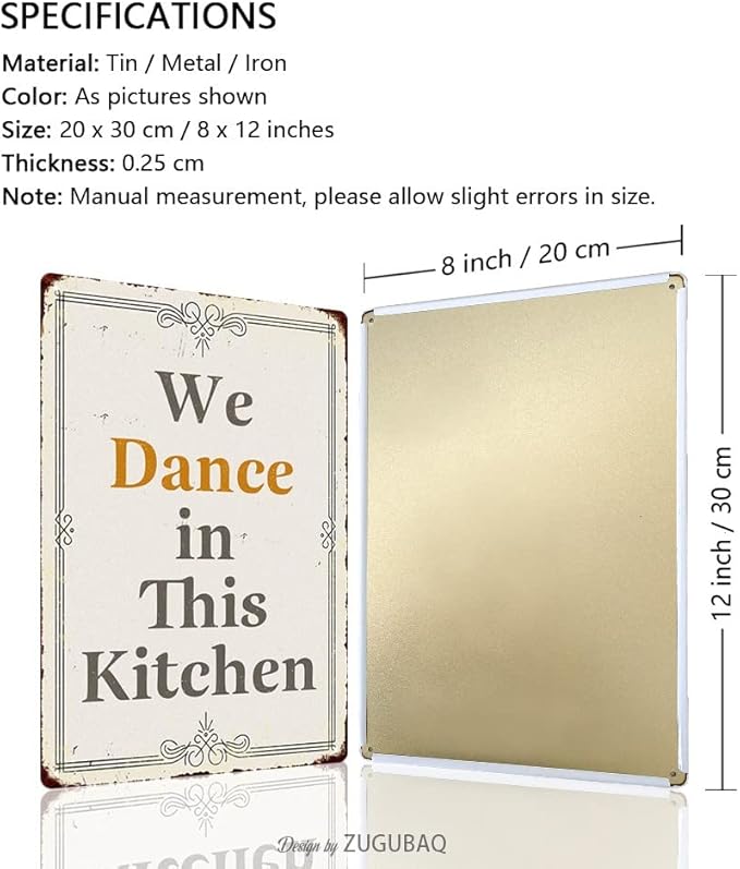 Funny Farmhouse Kitchen Signs - Personalized Metal Sign - Retro Counter Accessory - 12x8 Inch Hanging Plaque - We Dance In This Kitchen