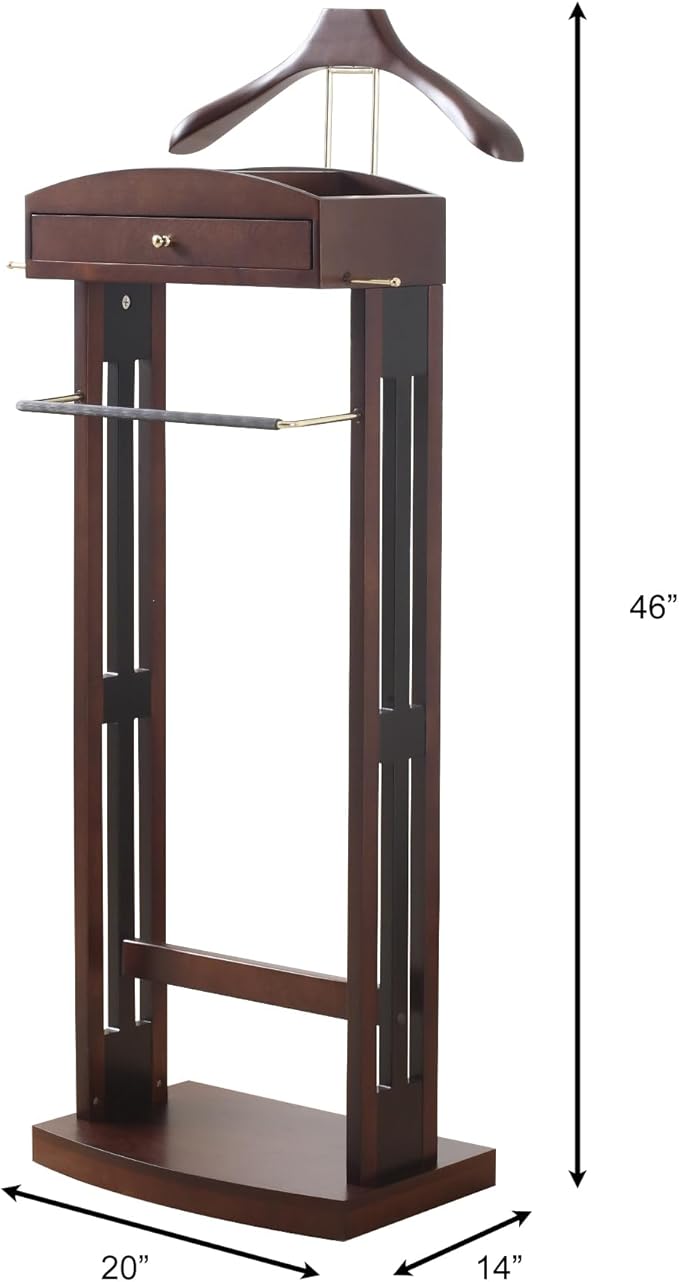 Proman Products Milan Valet Stand with Drawer, Top Tray, Contour Hanger, Trouser Bar, Tie & Belt Hooks and Shoe Rack - VL16226, Dark Walnut