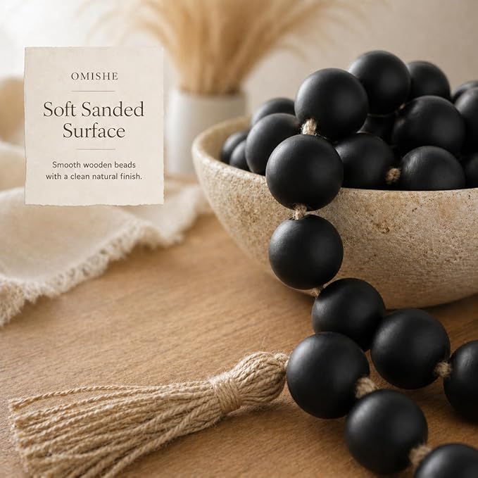 OMISHE Extra Large Wood Bead Garland Black with 1.6" Diameter Wooden Beads and Tassels, 41" Long Rustic Farmhouse Country Decorative Beads for Home Tiered Tray Decor, Black