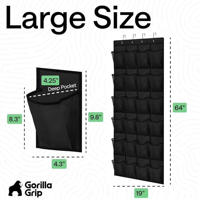GORILLA GRIP Over the Door Shoe Organizer, 2 Pack, 24 Breathable Mesh Pockets, Space Saving Hanging Storage Holder, Closet Rack Hanger Holds Up to 40 lbs, Hangs on Closets, Shoes, Accessories, Black