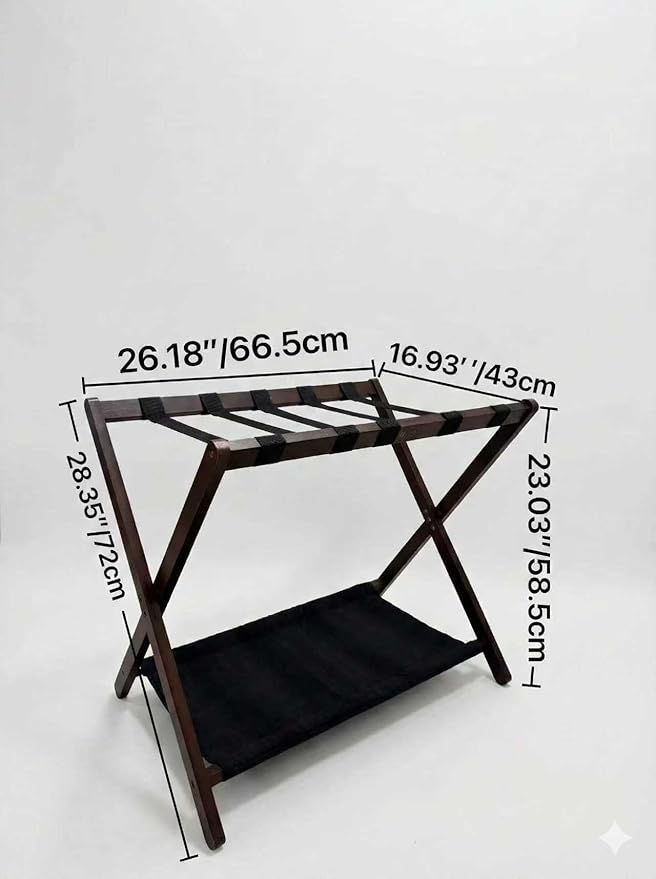 Walnut Bamboo Luggage Racks Set of 2 ,with 5 Nylon Straps, Foldable， Double-Layer Storage Shelf，26.18"L for Bedroom/Guest Room/Hotel (Walnut -2pack)