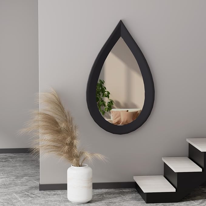 34" x 20" Irregular Wall Mirror, Black Wooden Framed Mirror, Asymmetrical Wall Mirror for Living Room Bedroom Bathroom Entryway, Small Modern Decorative Hanging Hook Style Mirror