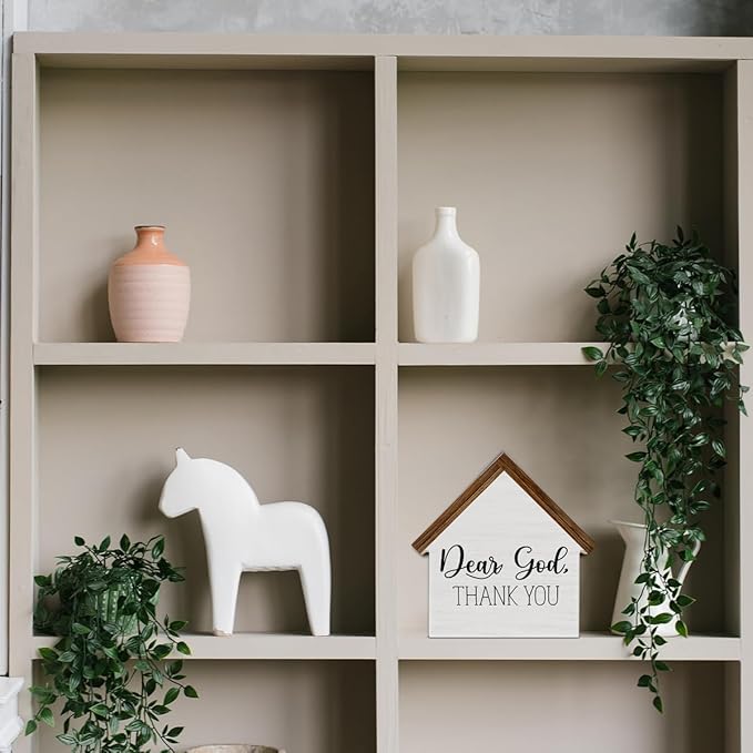 Christian Home Decor, Dear God Thank You House Shaped Wood Sign, Christian Farmhouse Living Room Decor for Desk Table Shelf