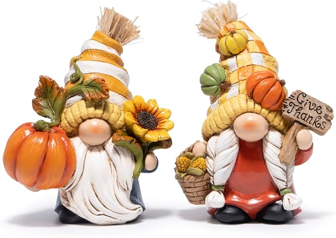 Hodao Fall Gnome Figurines – Pumpkin Gnomes with Checkered Hats, Sunflower, Corn Basket and Give Thanks Sign – Thanksgiving/Harvest Home Decor & Gift for Tiered Tray, Mantel, Tabletop, Windowsill