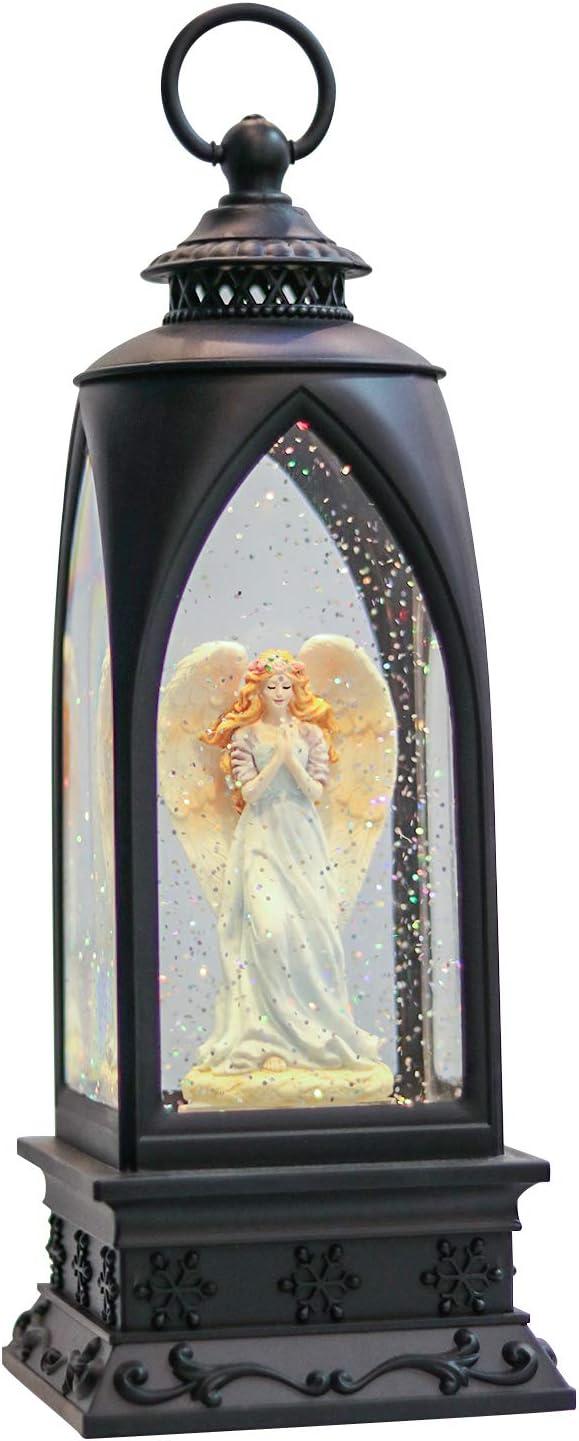 Eldnacele 12” Christmas Snow Globe Lantern Angel with Music & Timer, USB Lined/Battery Operated Lighted Water Glittering Nativity Lantern for Christmas Festival Centerpiece Decoration Gifts – Angel