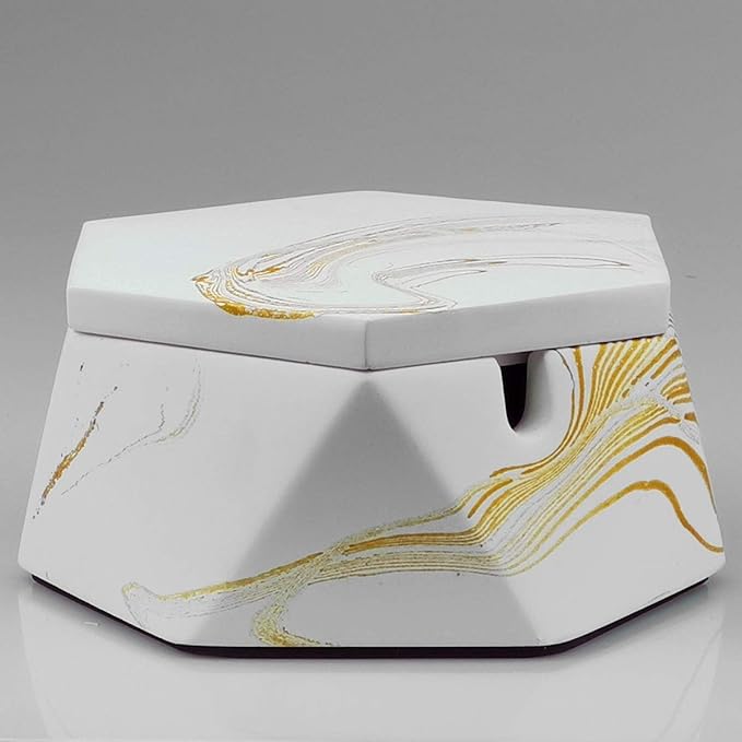 FREELOVE Concrete Ashtray with Lid & Stainless Steel Ashtrays for Cigarettes, Cement Ash Tray Smoking Holder Indoor Smokeless Outdoor Windproof Patio Home Office Cool Decor(Gold Marble, Small)