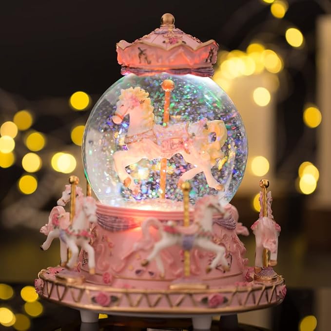 LOVE FOR YOU Gift-Wrapped with Ribbon Musical Snow Globe Carousel Music Box Color Lights Horses Unicorn Decor Gifts for Girls and Daughter Granddaughter Niece Women Kids Christmas Birthday
