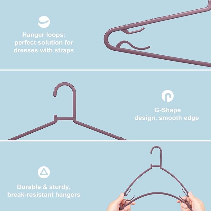 Plastic Hangers 50 Pack, Light Weight Durable Clothes Hangers with Hooks Standard Size G-Shape&Non-Slip Coat Hangers for Everyday Use (Purple)
