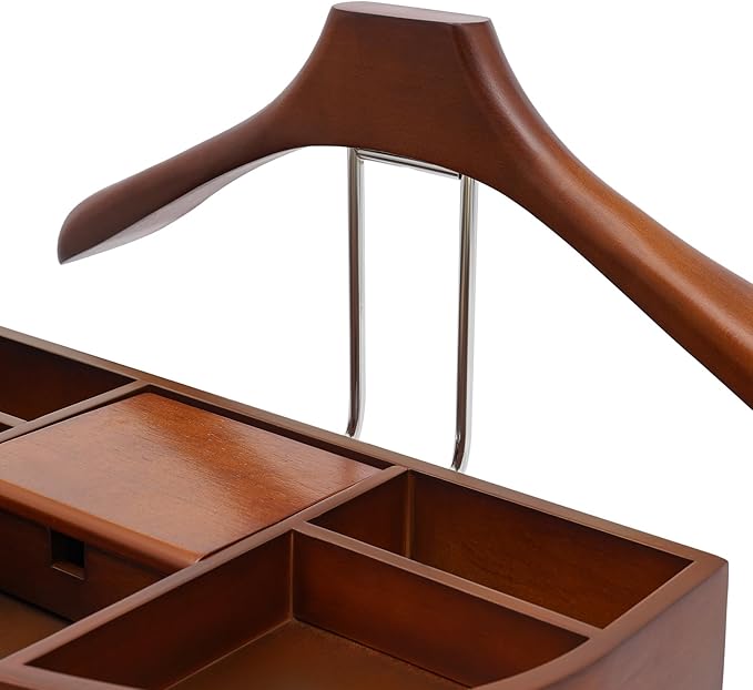 Suit Valet Stands for Women and Men Clothes Wood Valet Stand with Base Freestanding Clothing Organizer Valet Stand Contour Hanger Trouser Bar Belt Hooks for Office Living Room (Brown)