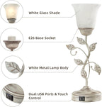 Rustic Touch Table Lamp for Bedroom, 3-Way Dimmable Nightstand Lamp with 2 USB Ports, Retro Vintage White Glass Shade Leaf Desk Lamp for Living Room Entryway, LED Bulb Included
