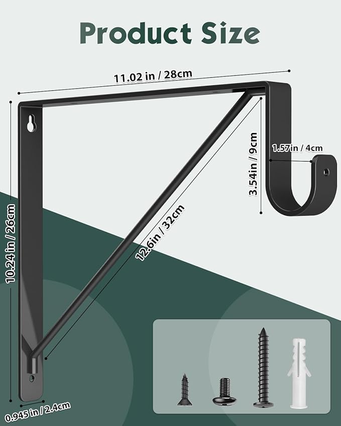 2 Pack Closet Rod Bracket, Heavy Duty Closet Rod Support with Rod Holder, Wall Mounted Closet Shelf Brackets with Triangle Stabilizing Design for Closet, Bathroom and Kitchen, Black