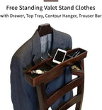 Chair Valet With Drawer Wooden Suit Valet Stand With Contour Hanger Trouser Bar And Top Storage Tray Freestanding Clothes Rack For Men And Women Clothing Organizer For Office Hotel(Dark Brown A)