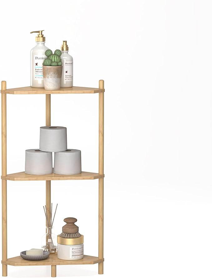 Wisuce Corner Shelf Stand - 3 Tier Bamboo Small Corner Bookshelf for Office Kitchen Bedroom Plant Stand Living Room Decor Small Space (Nature)