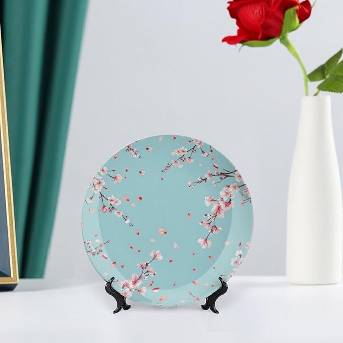 Japanese Spring Theme Decorative Ceramic Plate Round Porcelain Plate,Sakura Tree Branches Pattern,for Decorative Ornaments Giving Plates, 1 Plate with 1 Display Stand,Blue Pink,10 inch